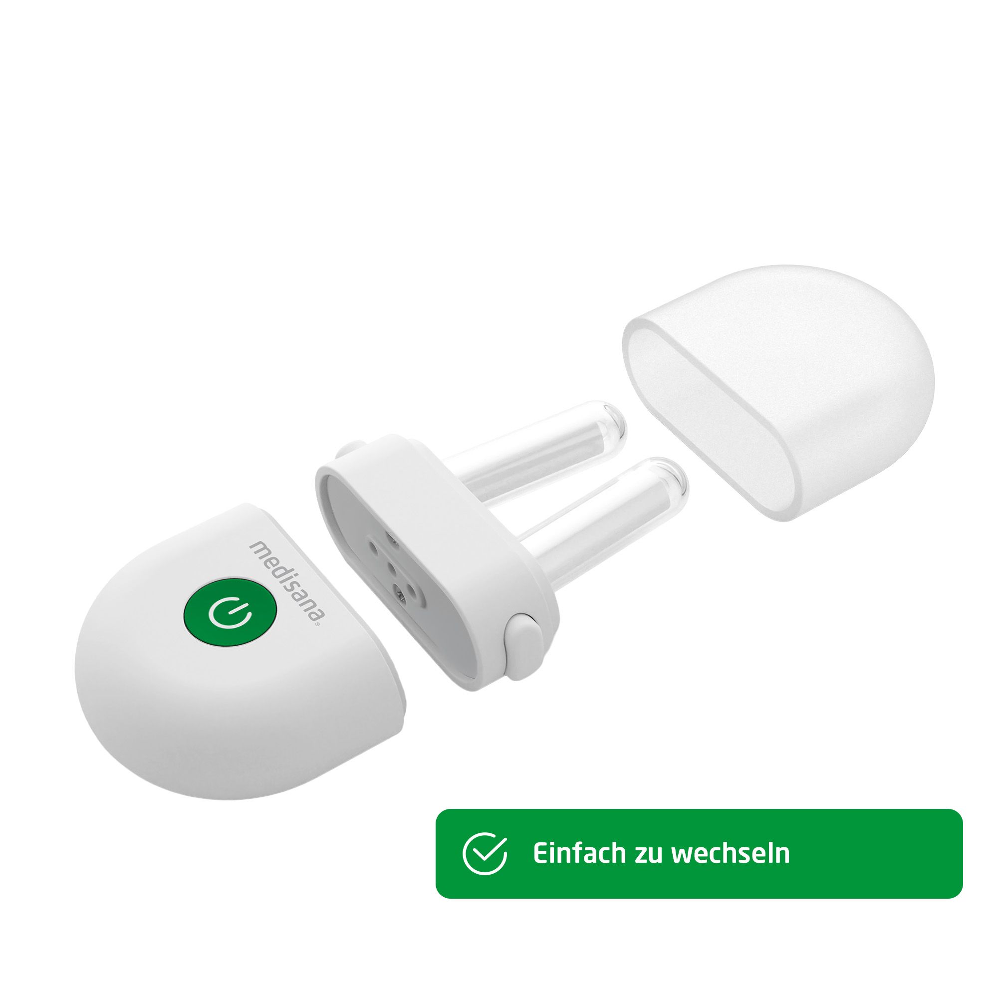 Accessorio nasale per medinose con pulsante di accensione e cappuccio protettivo rimovibile.