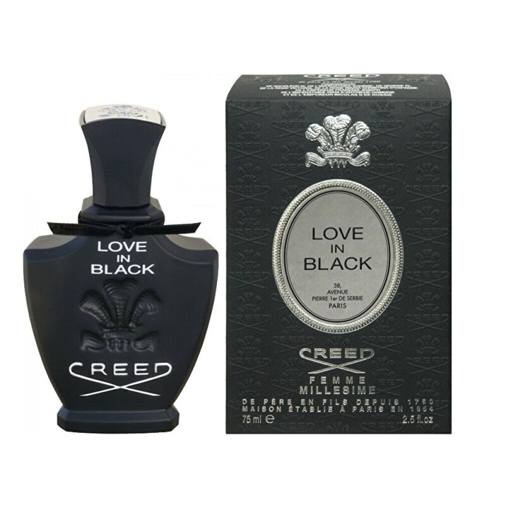 Flacone e confezione neri. Scritta "LOVE IN BLACK" e "CREED". Flacone con tappo nero. 75 ml.