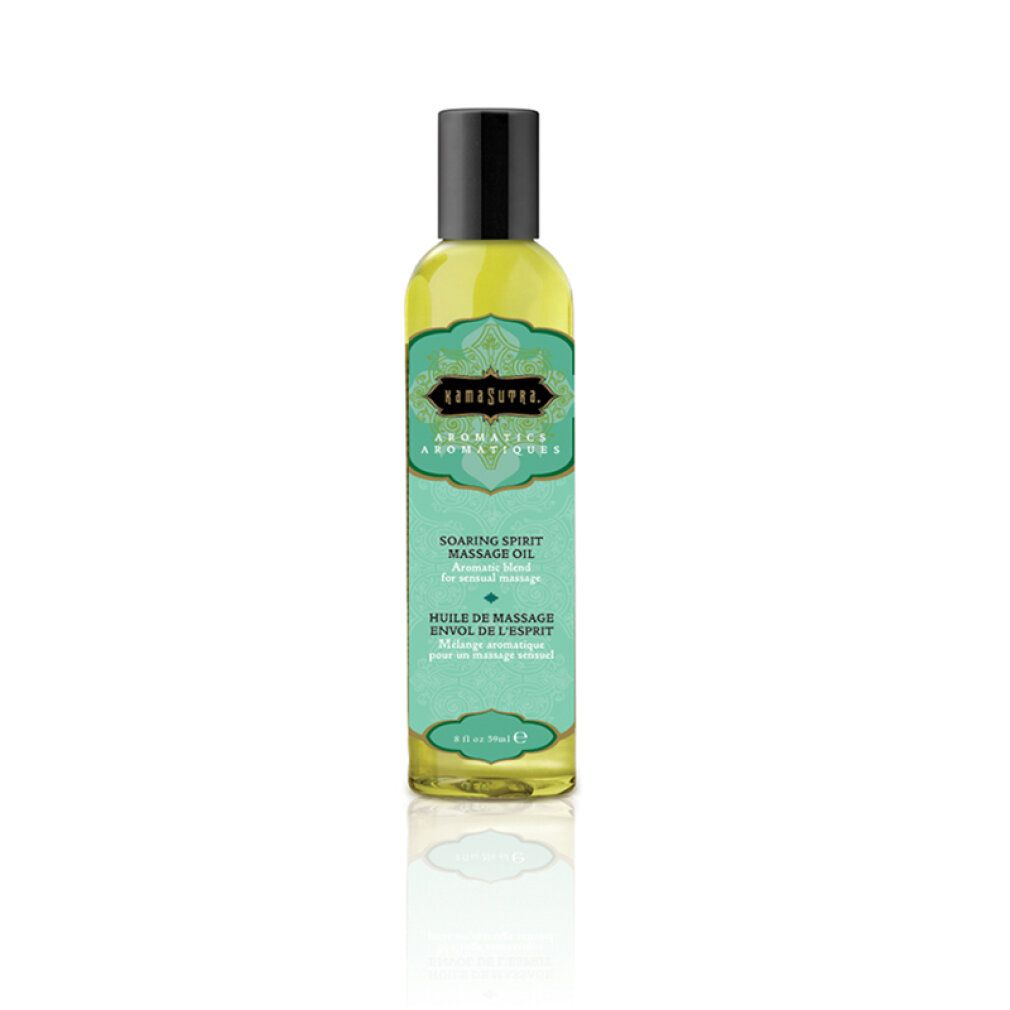Olio per massaggio liquido in bottiglia con tappo nero. Scritta: Aromatics, Soaring Spirit Massage Oil. Etichette turchesi.