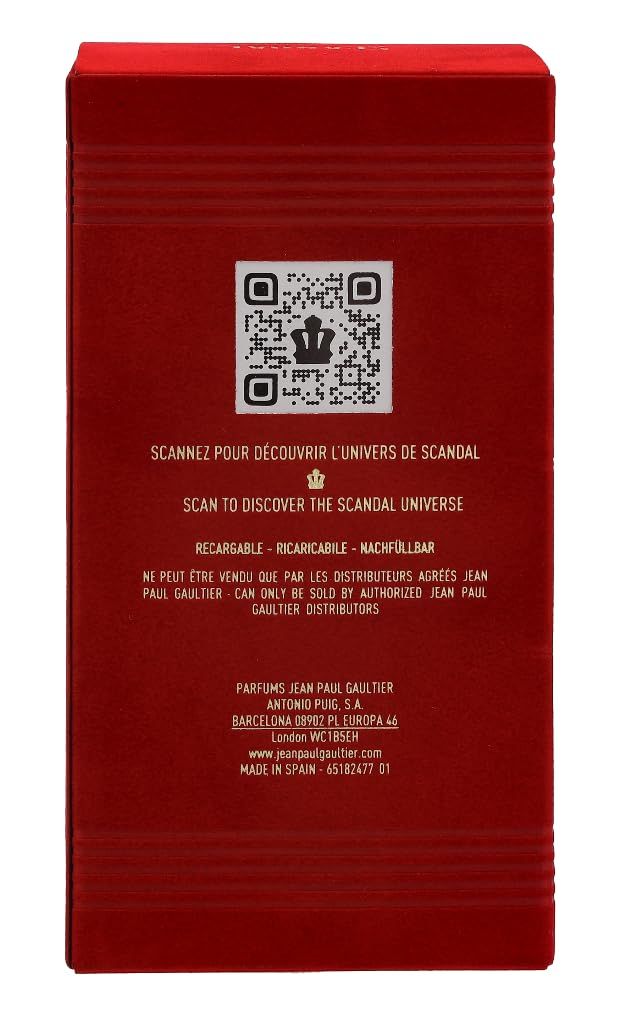 Confezione rossa con testo e codice QR. Il testo include "SCANDAL", "Jean Paul Gaultier" e altre informazioni.