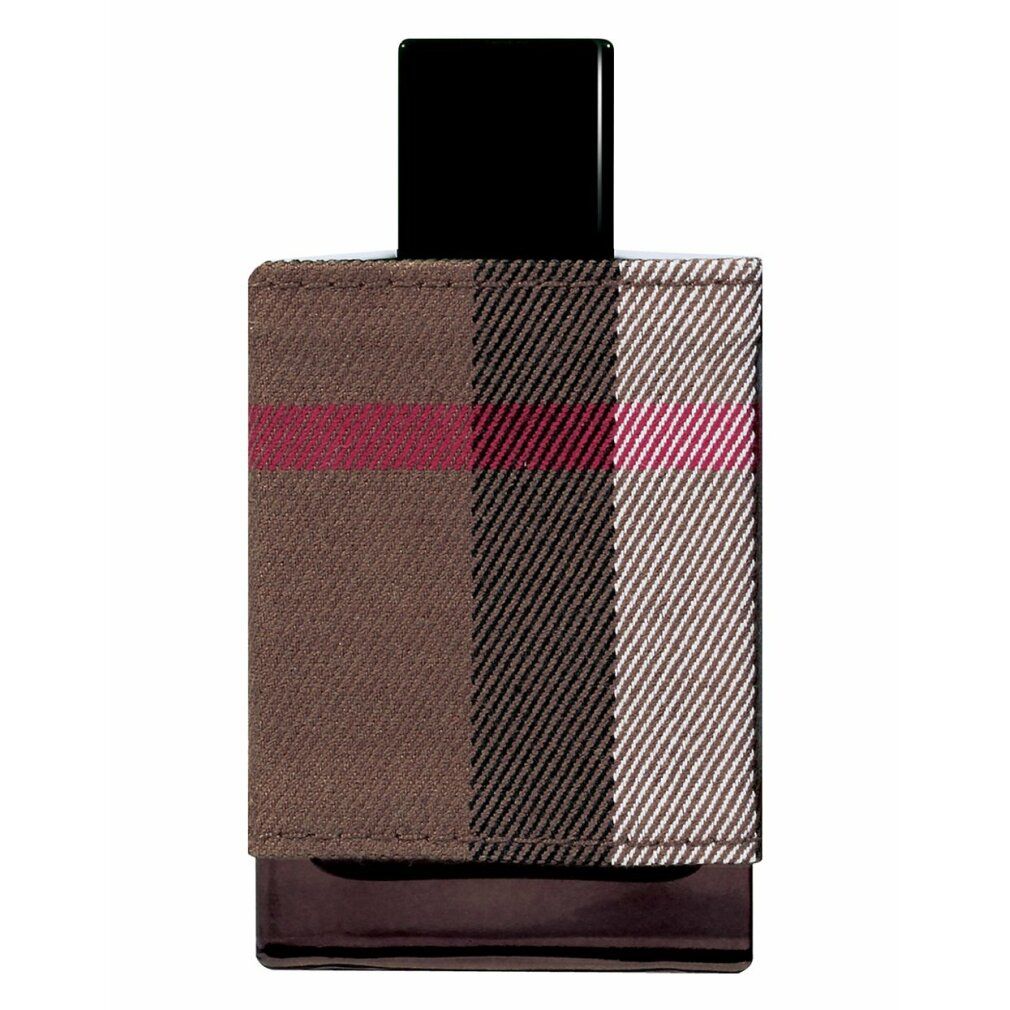 Burberry London For Men Edt Spray. Flacone con motivo a quadri. Tappo nero. Forma rettangolare.