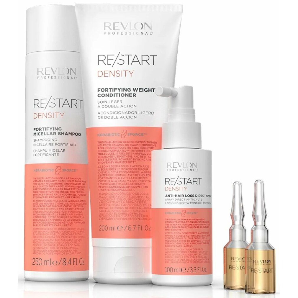 Set di prodotti con shampoo, balsamo, lozione anticaduta e fiale. Scritte: Revlon Professional, Re/Start Density.