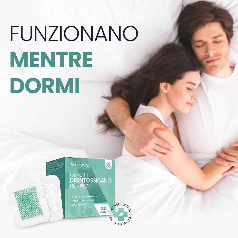 Coppia a letto. Confezione del prodotto e cerotti. Testo: Funzionano mentre dormi.