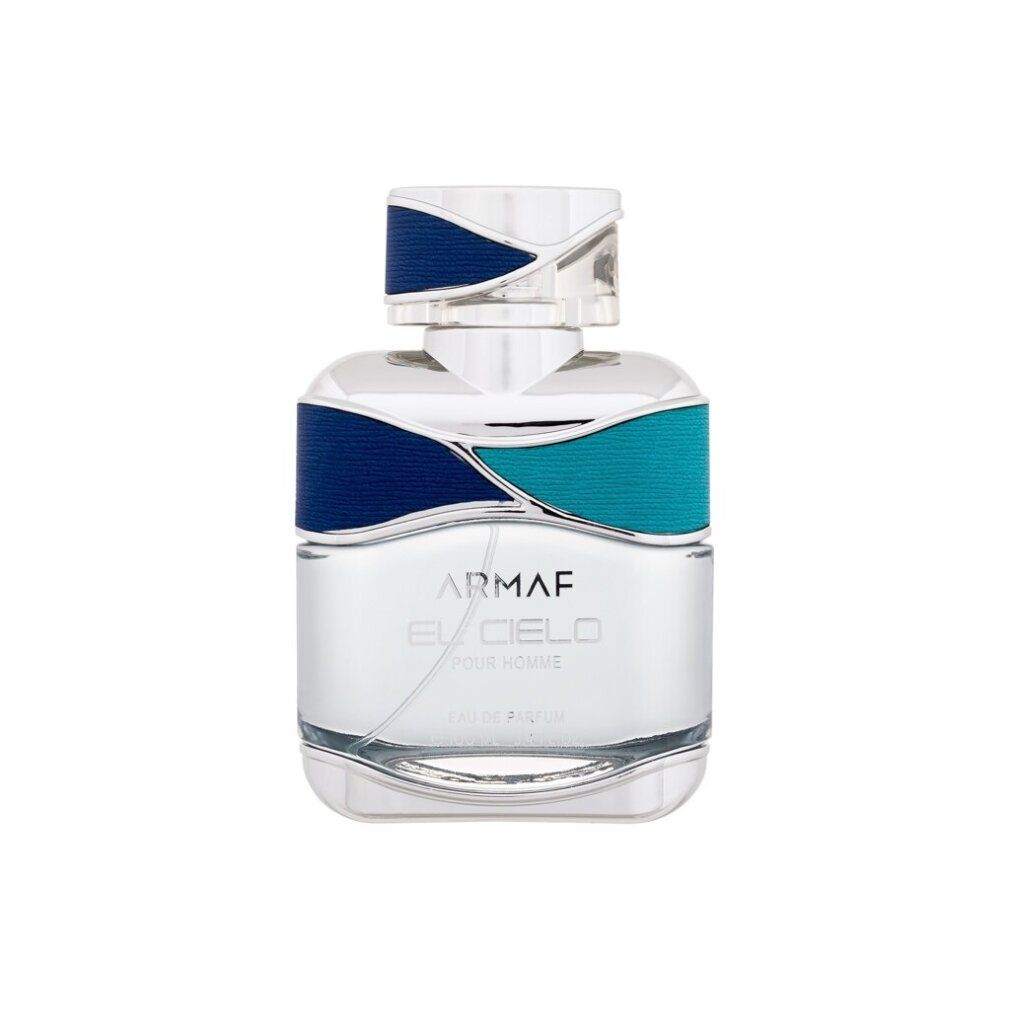 Flacone in vetro con decorazione blu-turchese e tappo argentato. Scritta: ARMAF EL CIELO POUR HOMME.