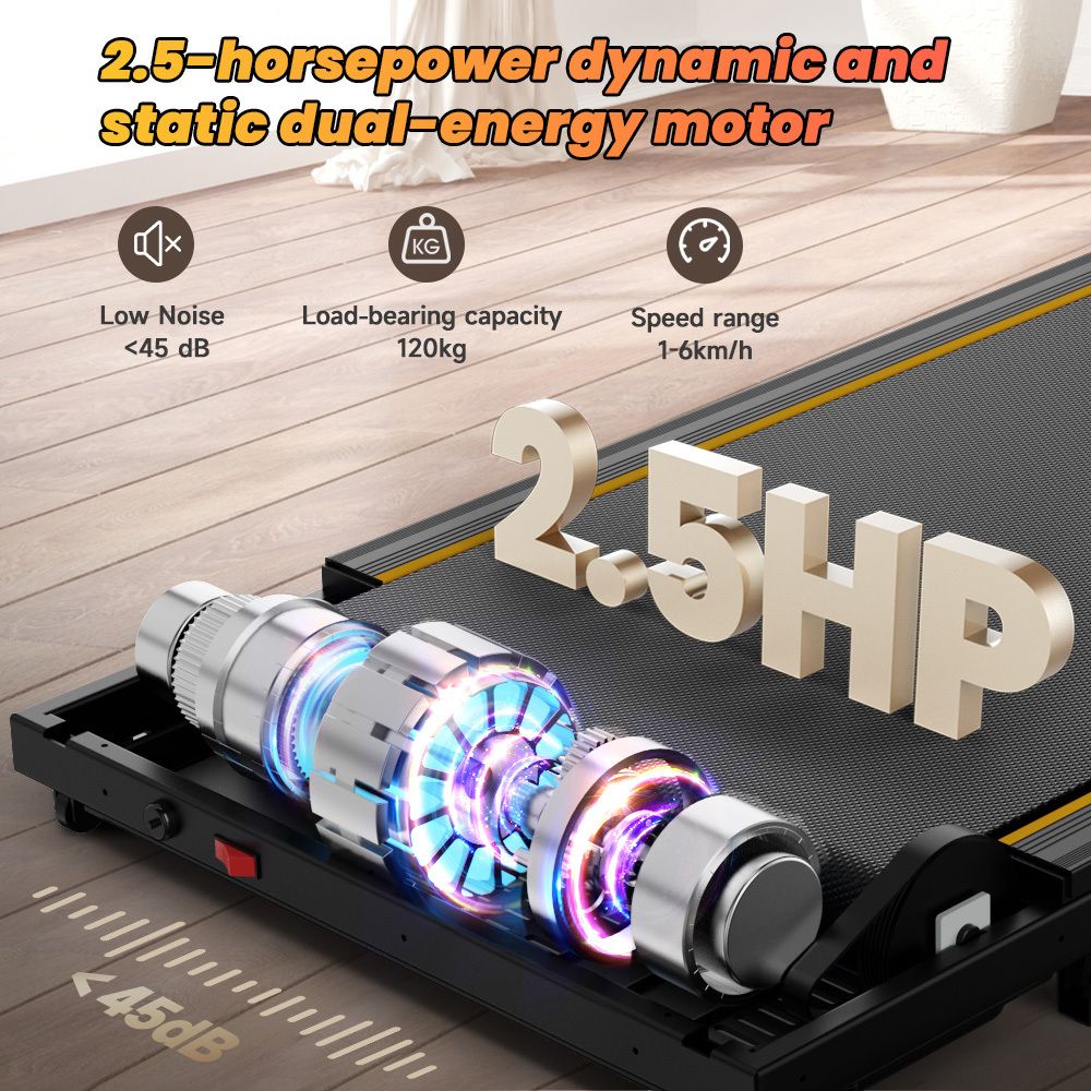 Tapis roulant con motore a vista. Testo: Motore 2,5 CV, basso rumore, capacità di carico 120 kg, intervallo di velocità 1-6 km/h.