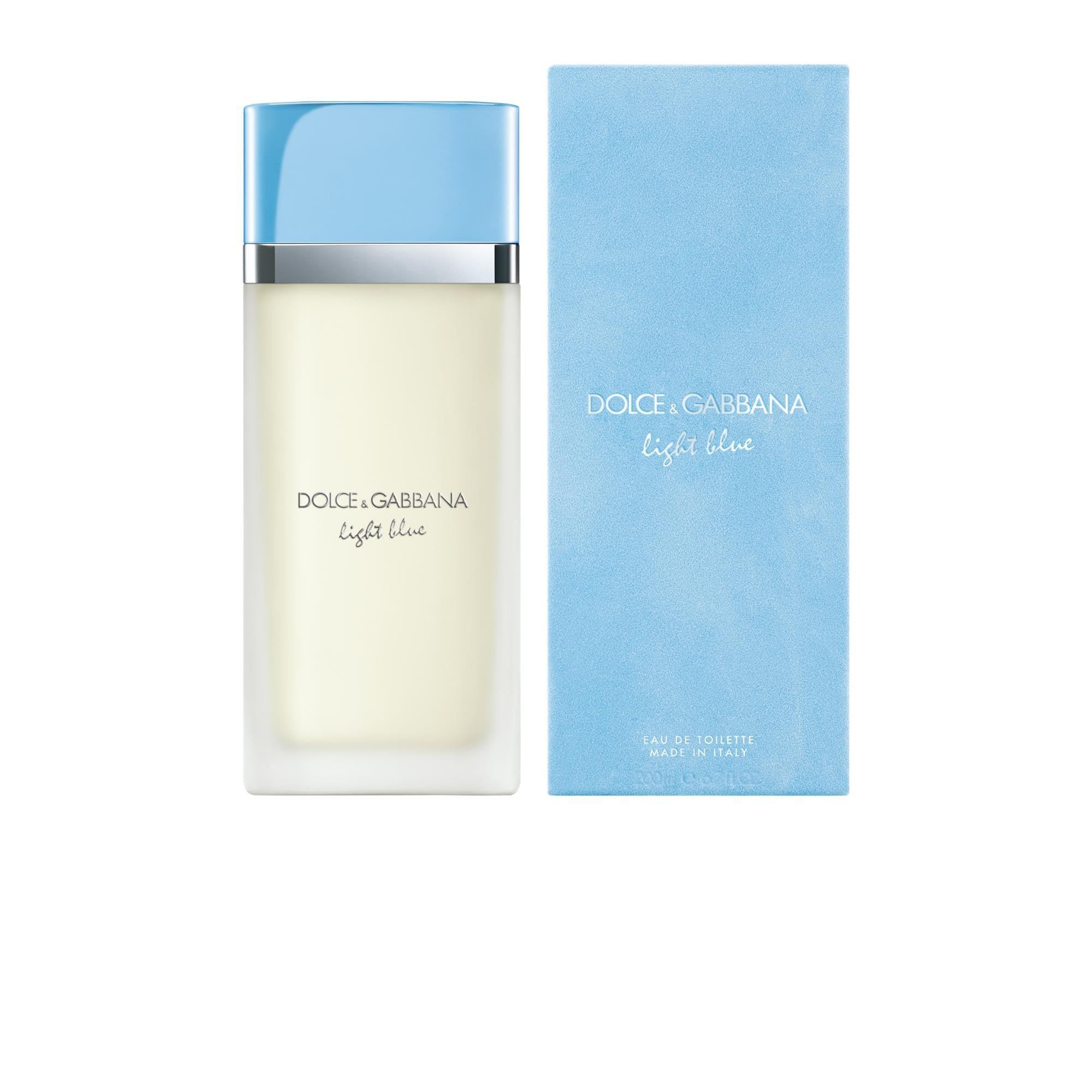 Flacone e scatola azzurra. Scritta: Dolce & Gabbana Light Blue. Made in Italy.