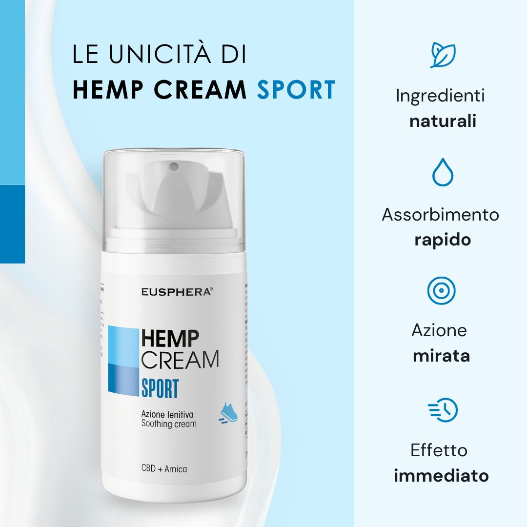 Tubo di prodotto con testo e simboli. Testo: LE UNICITÀ DI HEMP CREAM SPORT. Testo: INGREDIENTI NATURALI.