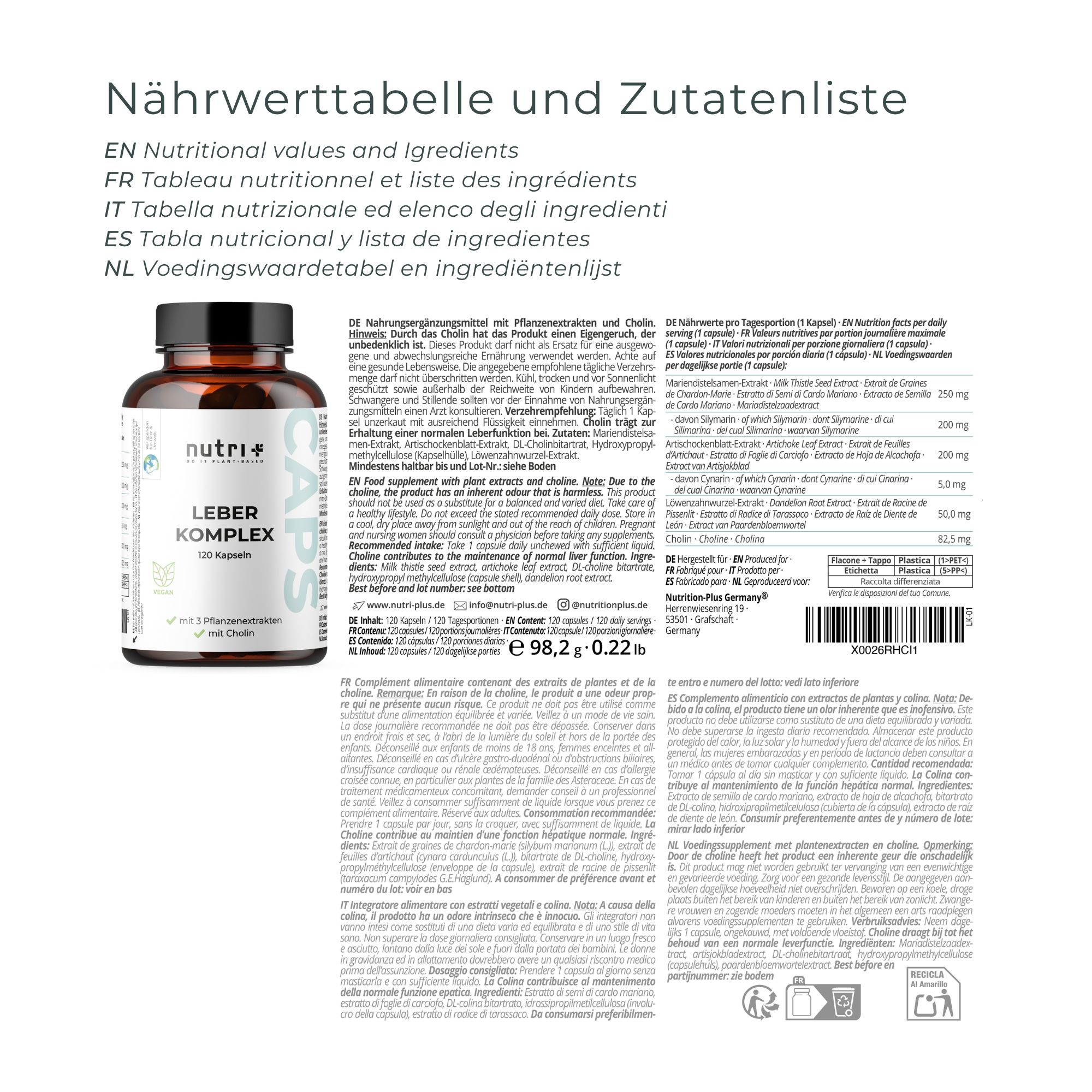 Flacone marrone con etichetta e testo. Accanto, una tabella con informazioni nutrizionali e lista ingredienti in più lingue.