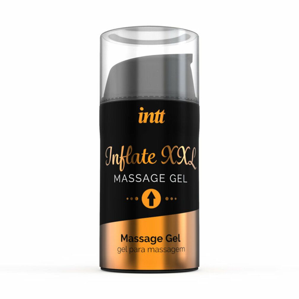 Flacone cilindrico nero con scritta dorata: INTT Inflate XXL Massage Gel. Tappo trasparente. Base dorata.