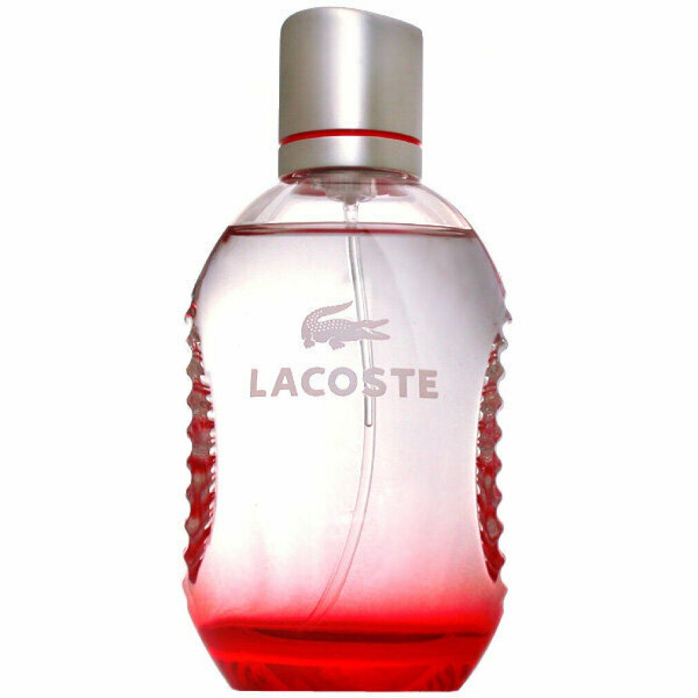 Flacone rotondo rosso e argento. Logo e scritta bianchi. Vaporizzatore.