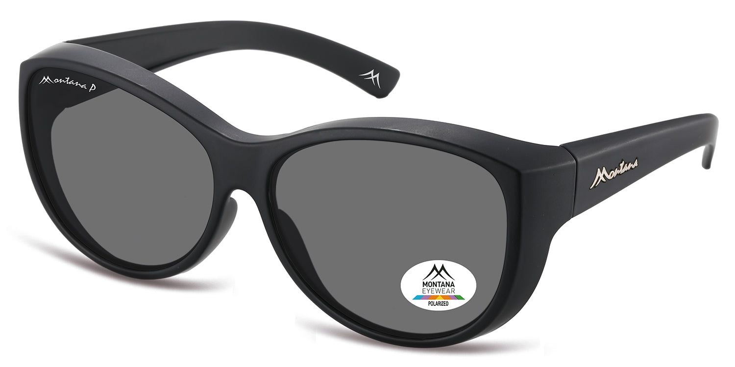 Occhiali da sole neri con lenti grigie. Logo Montana Eyewear sull'asta e sulla lente. Lenti polarizzate.
