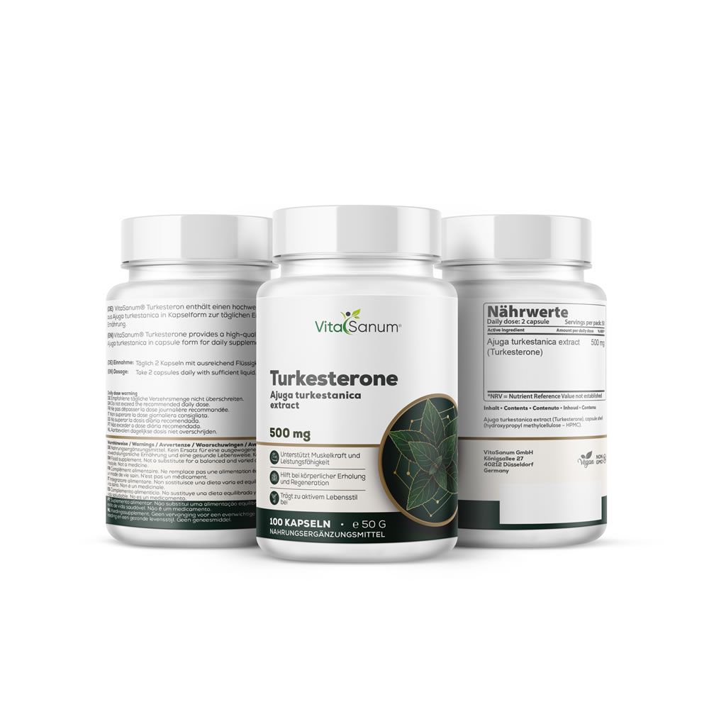 Tre flaconi bianchi VitaSanum Turkesterone. Scritta: 500 mg, 100 capsule. Etichetta con informazioni nutrizionali e ingredienti.