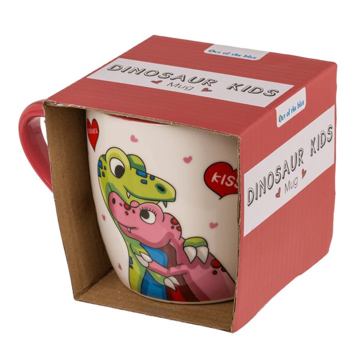 Tazza con dinosauro in confezione rossa. Interno rosso, manico a cuore.
