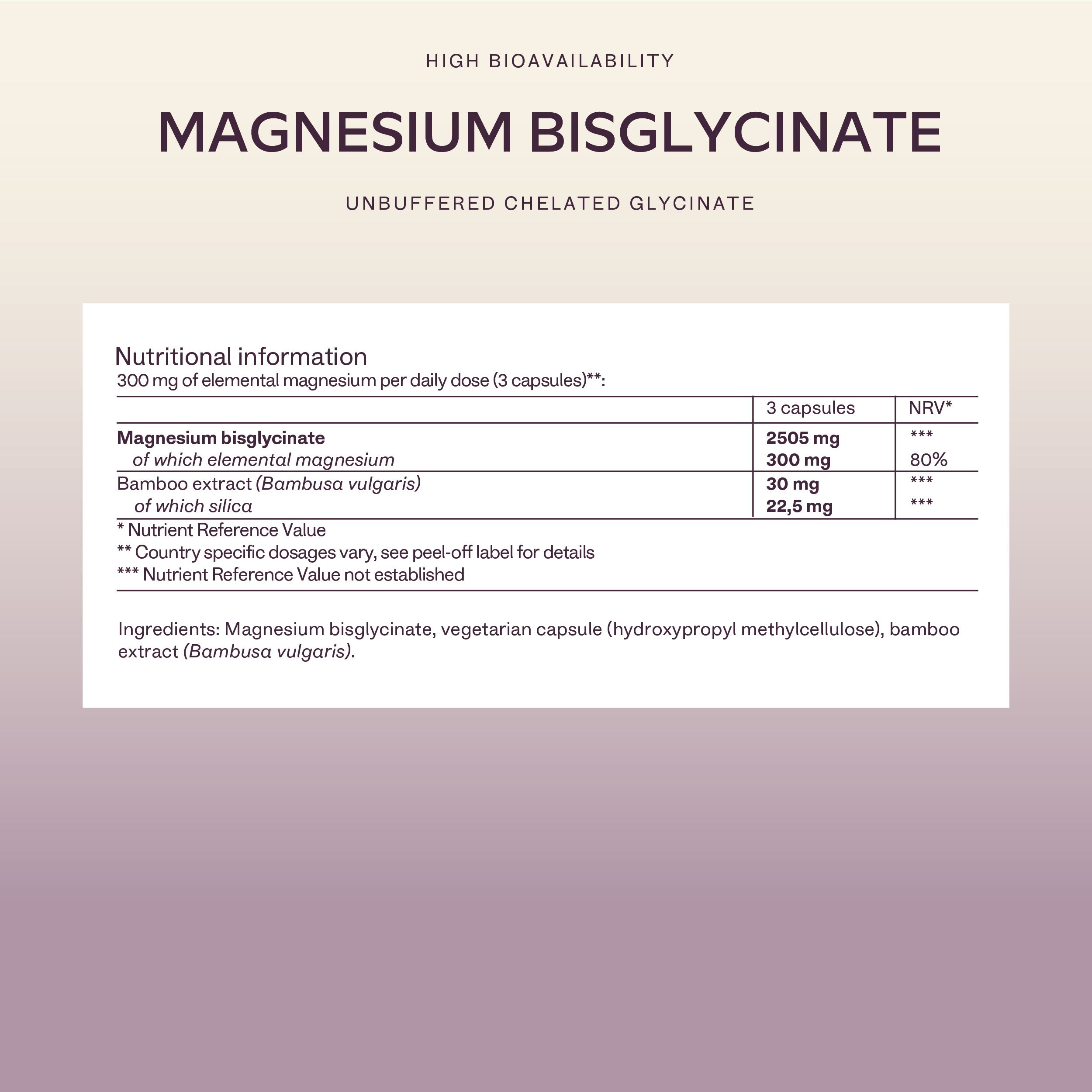 Informazioni nutrizionali. Magnesiumbisglycinate. 300 mg di magnesio elementare.