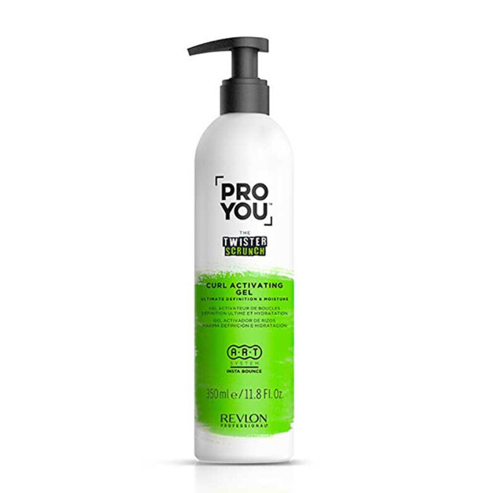 Flacone bianco con dosatore nero. Scritta: Pro You The Twister Scrunch Curl Activator Gel. Dettagli verdi. 350ml.