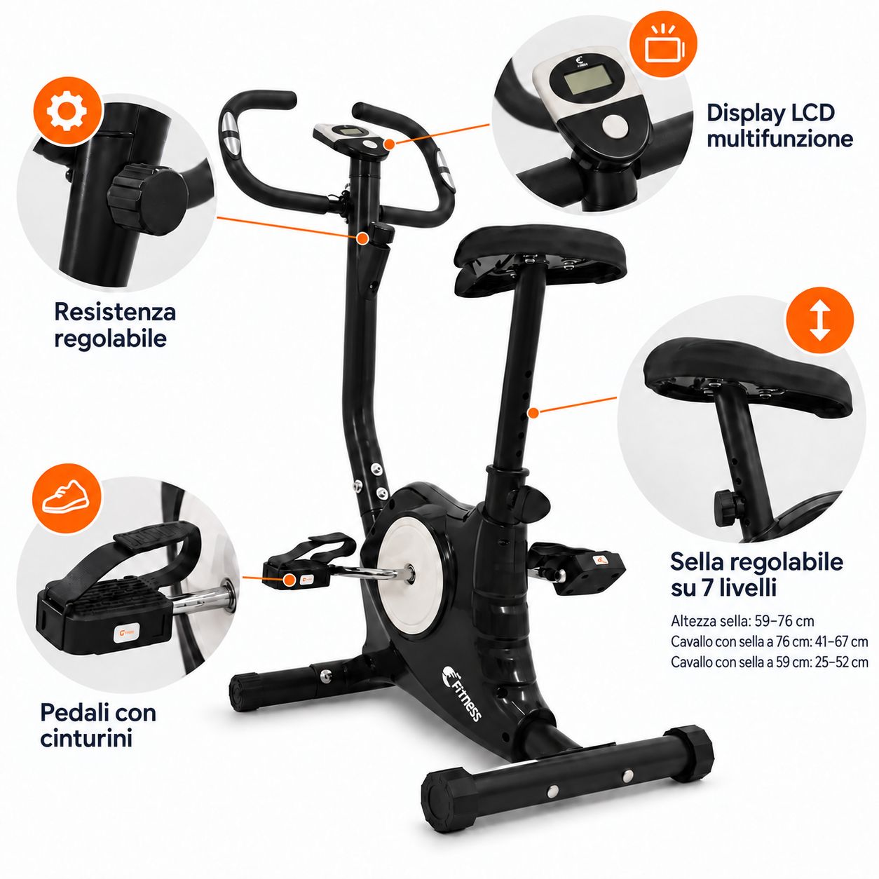 Cyclette nera con resistenza regolabile, pedali con cinghie e display LCD.