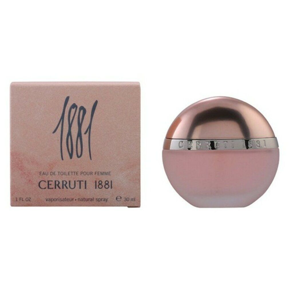 Flacone rotondo con contenuto rosa e scatola. Sulla scatola è scritto "Cerruti 1881".