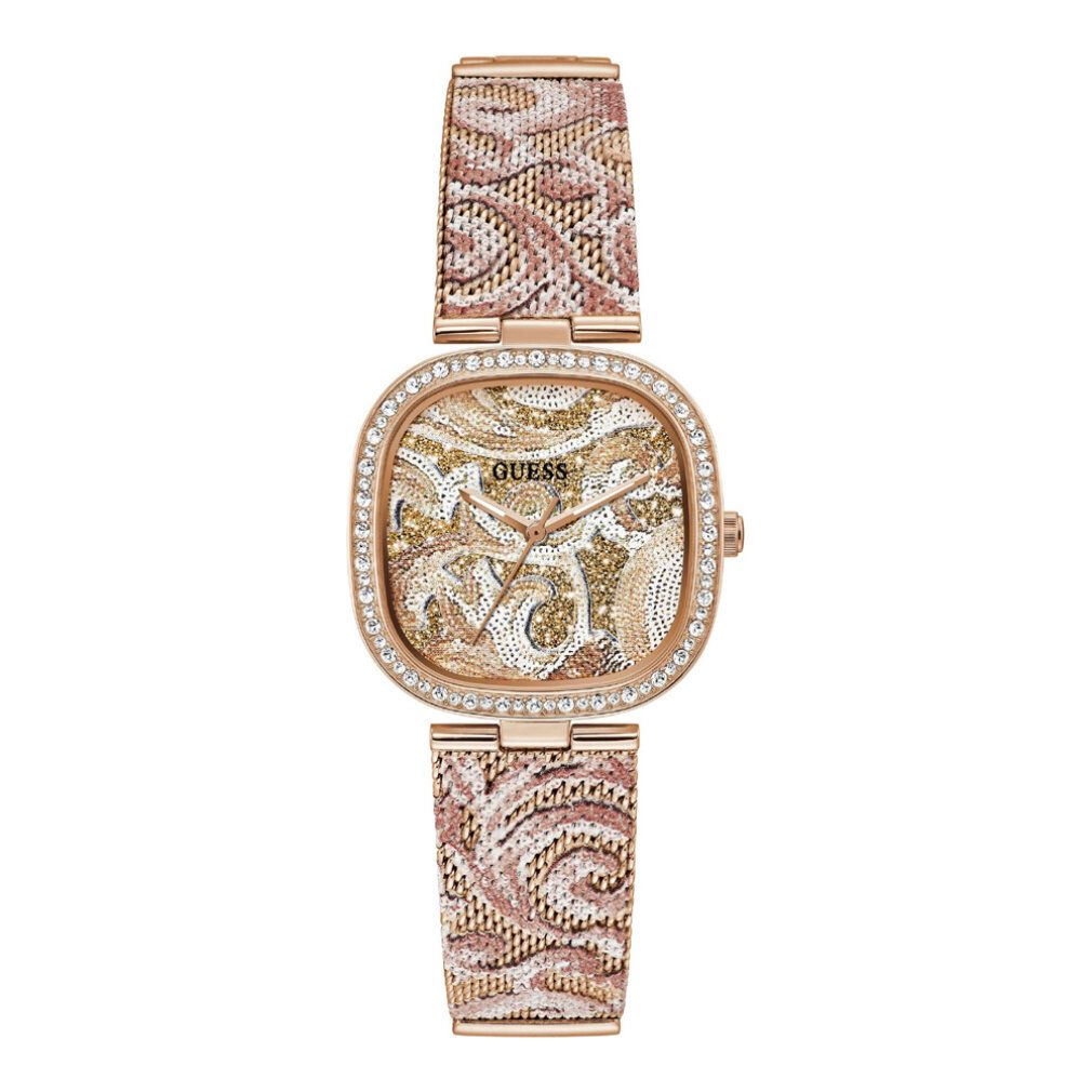 Orologio da donna Guess. Quadrante quadrato con strass. Cinturino in metallo color oro rosa con motivo. Marchio Guess.