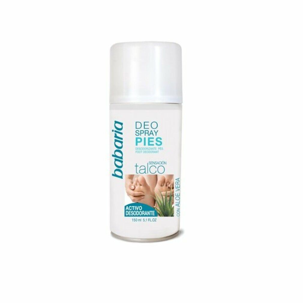Spray deodorante per piedi Babaria bianco. Scritta: Deo Spray Pies, Talco, Activo Desodorante. Immagine di piedi e aloe vera. Con tappo bianco.