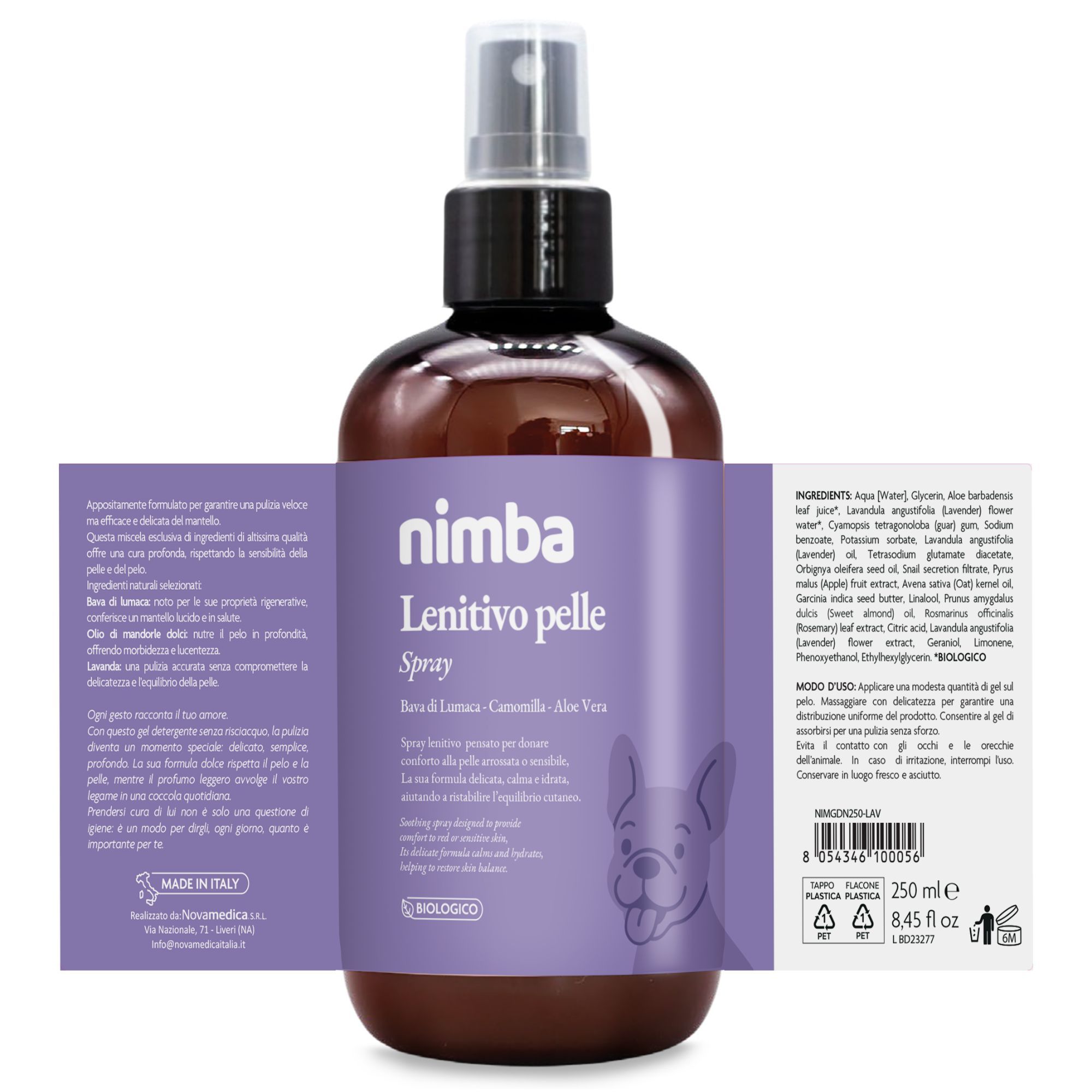 Flacone spray marrone con etichetta viola. Scritta Nimba Spray Lenitivo pelle. Etichette aggiuntive con ingredienti e utilizzo.