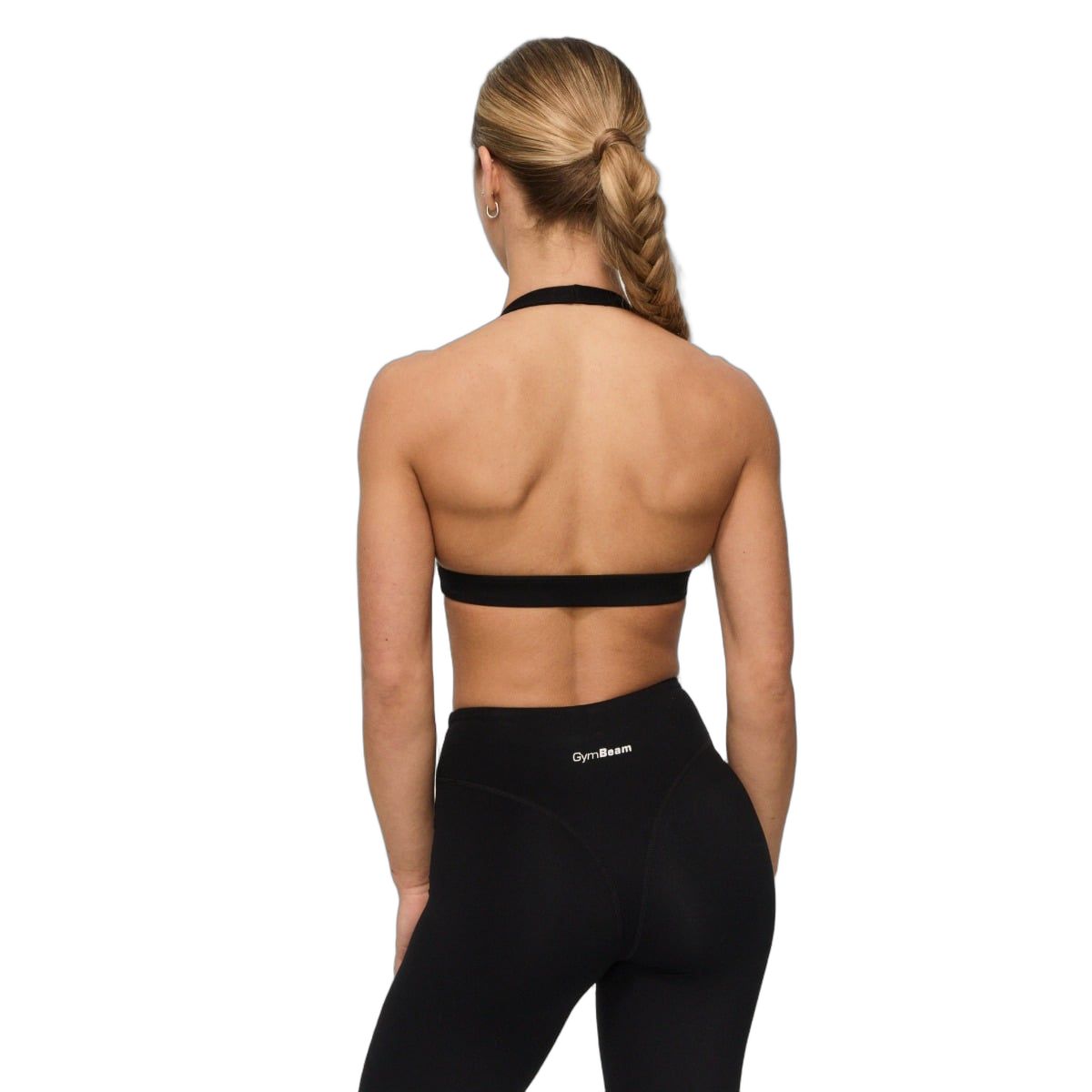 Vista posteriore di un reggiseno sportivo nero con spalline all'americana.