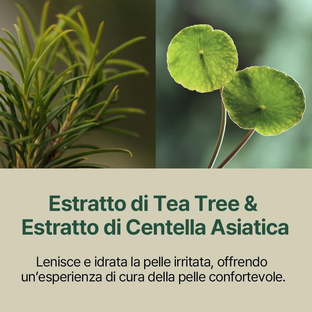 Due piante fianco a fianco. Testo: Estratto di Tea Tree & Estratto di Centella Asiatica. Lenisce e idrata la pelle irritata.