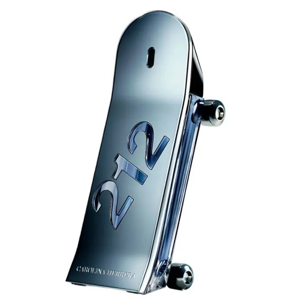 Flacone argentato a forma di skateboard con scritta blu "212".