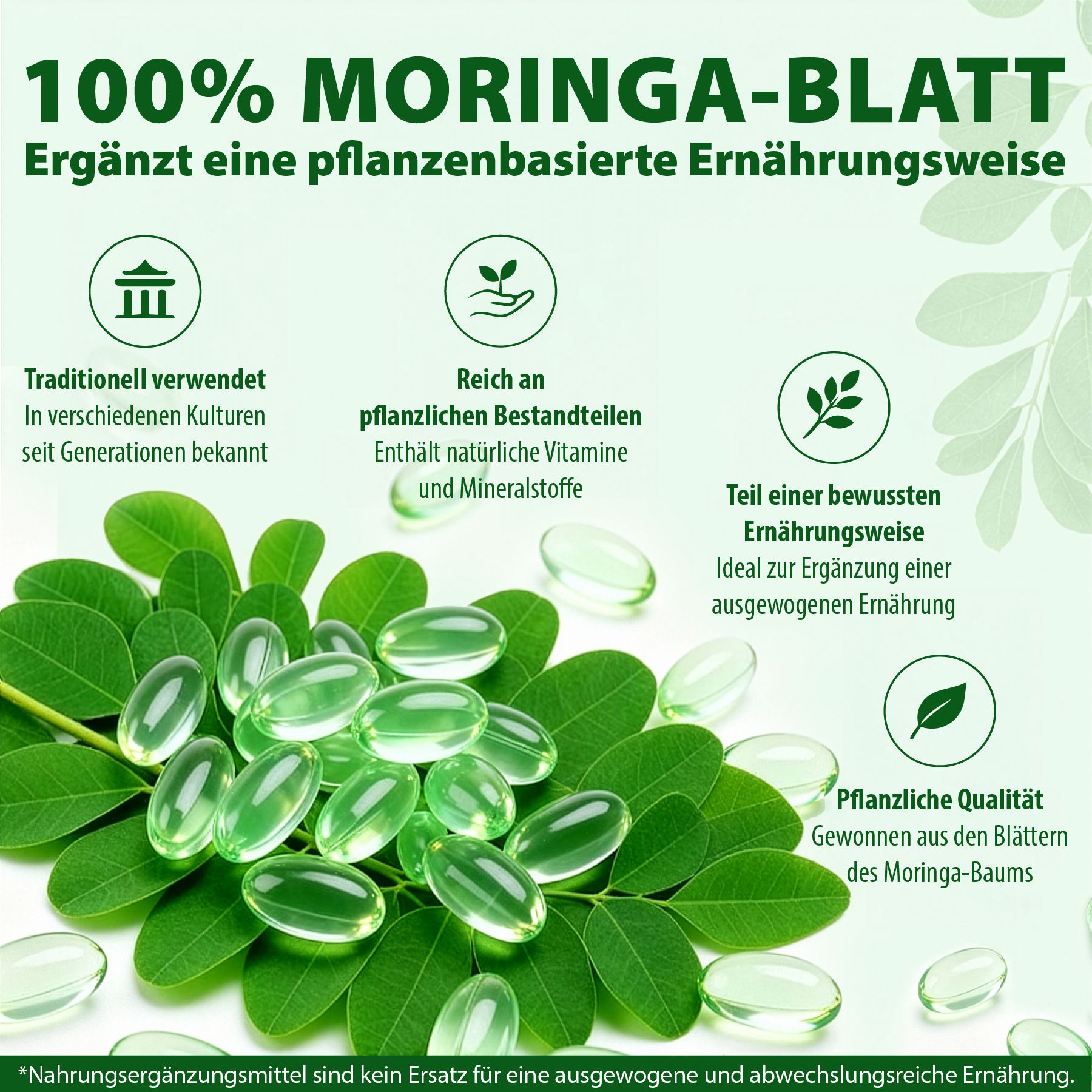 Softgel e foglie verdi. Testo: 100% foglia di Moringa. Testo: Ricco di ingredienti vegetali. Testo: Qualità vegetale.