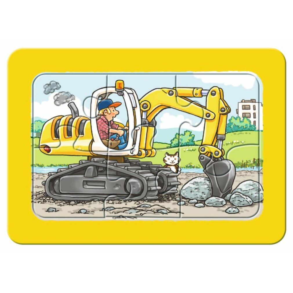 Puzzle blu con un dumper. Il dumper ha un conducente. Lo sfondo mostra una strada e degli edifici.