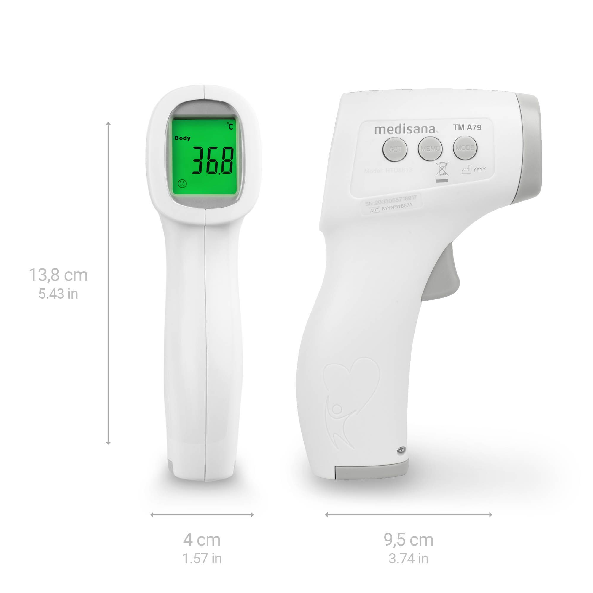 Termometro bianco con dimensioni: 13,8 cm altezza, 4 cm larghezza, 9,5 cm profondità. Dettagli grigi. Display digitale.