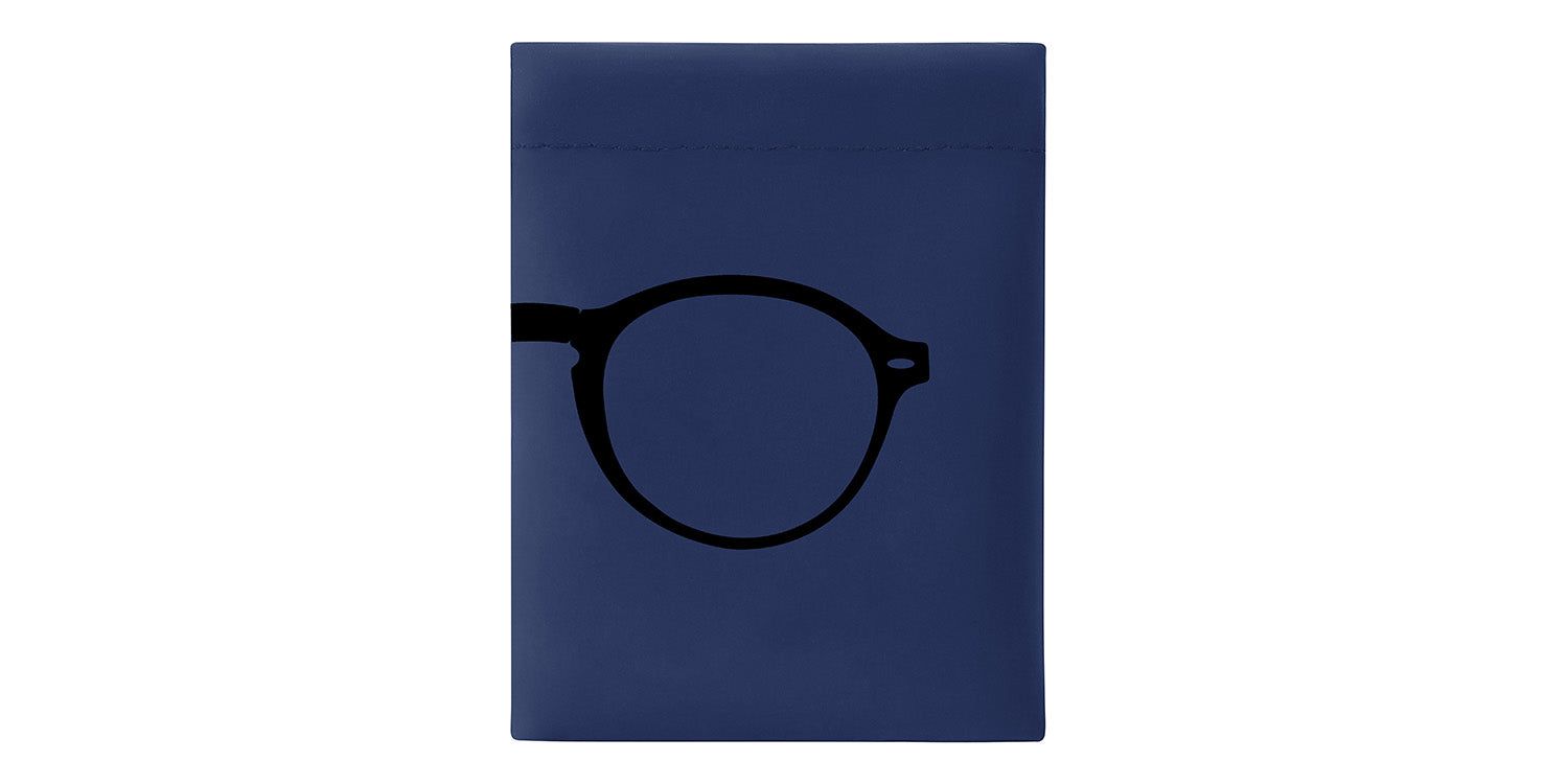 Custodia blu con silhouette di occhiali. Montana Eyewear. Forma rettangolare. Contorno occhiali nero.
