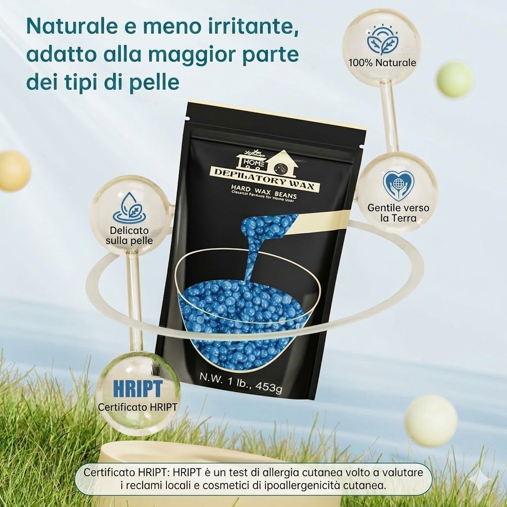 Busta nera con perle di cera blu. Testo: Lifestance, certificato HRIPT, delicato sulla pelle, 100% naturale.