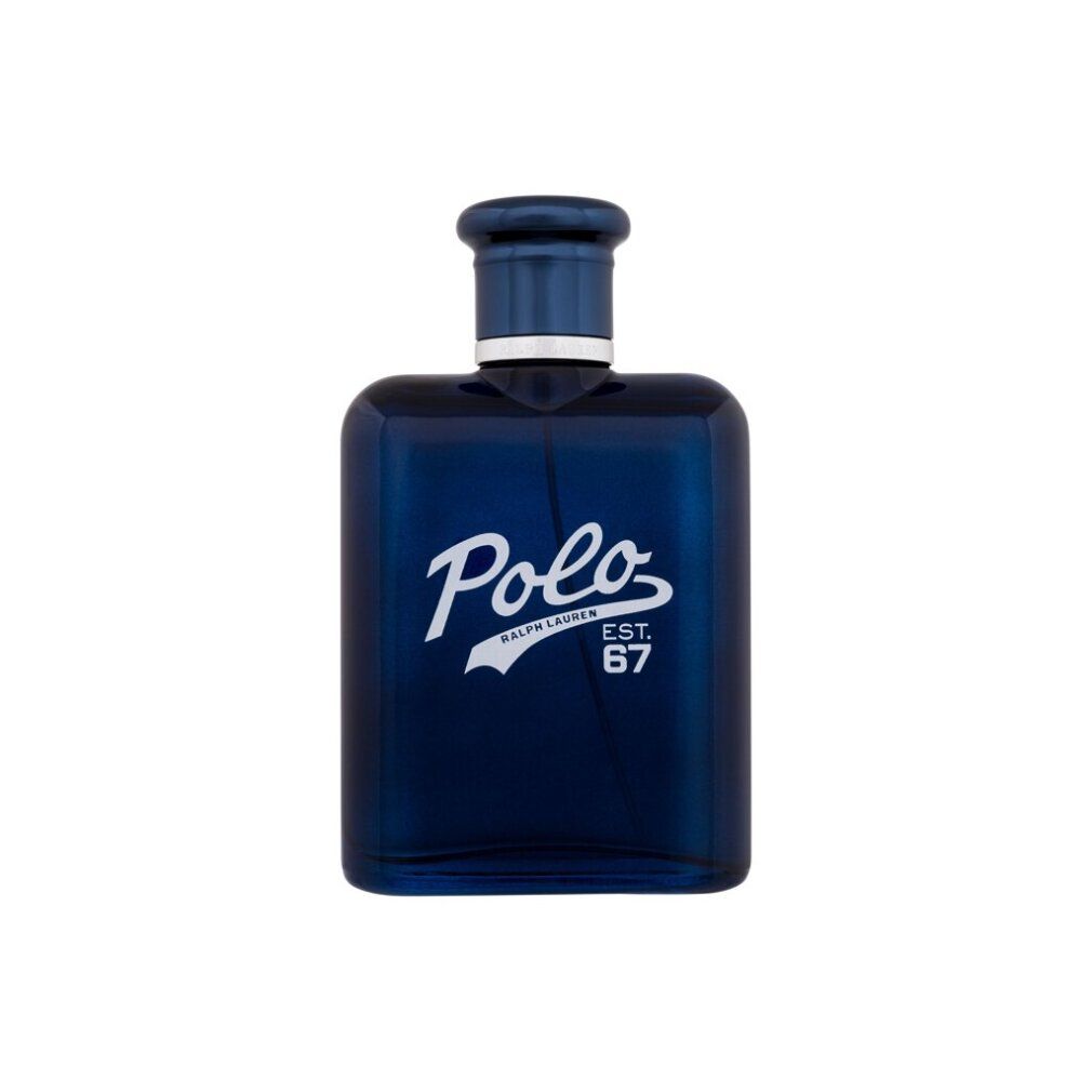 Flacone blu scuro con logo "Polo" bianco e "EST. 67". Flacone con tappo nero.