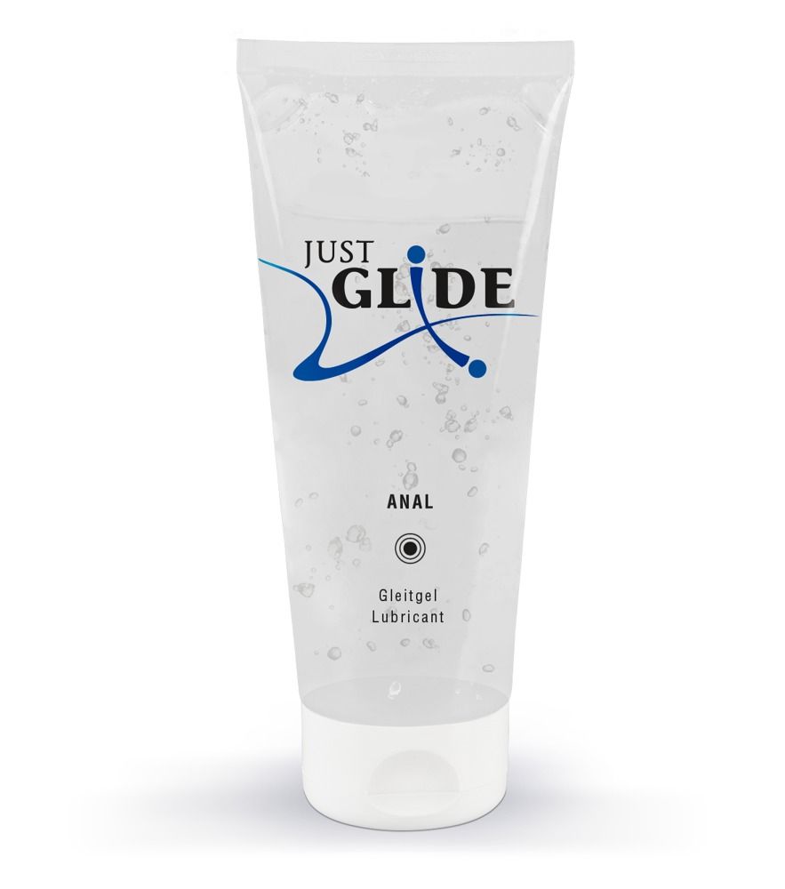 Tubo trasparente con logo blu e scritta 'JUST GLIDE ANAL Gleitgel Lubricant'.