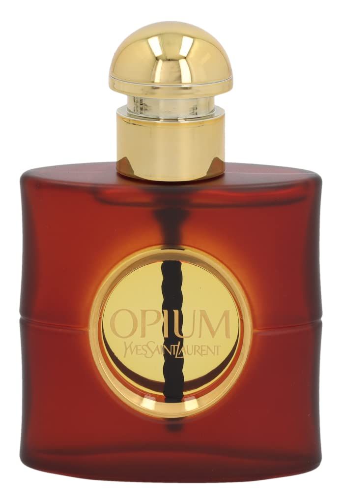 Flacone marrone con tappo dorato e scritta "Opium". Cerchio dorato con striscia nera. Marchio: Yves Saint Laurent.