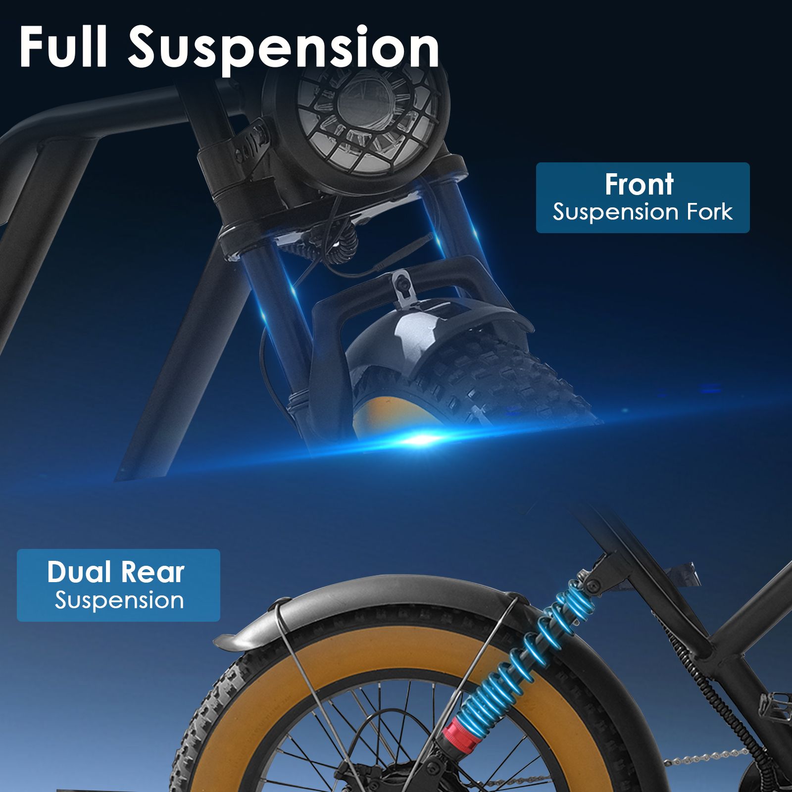 Primo piano delle sospensioni dell'e-bike. Scritte: Full Suspension, Front Suspension Fork, Dual Rear Suspension.