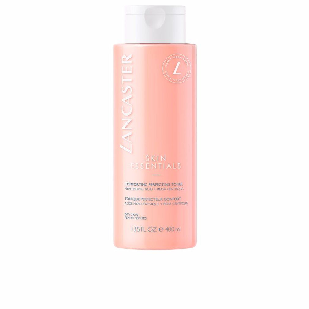 Flacone rosa con tappo bianco. Scritta: Lancaster Skin Essentials Comforting Perfecting Toner. 13.5 FL. OZ. e 400ml.