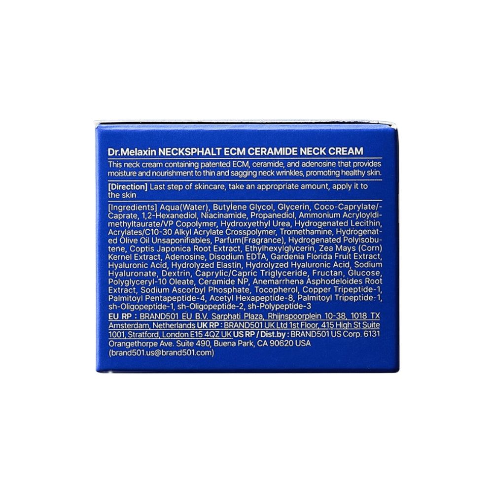 Retro della scatola Dr. Melaxin Necksphalt ECM Ceramide Neck Cream con istruzioni e ingredienti.