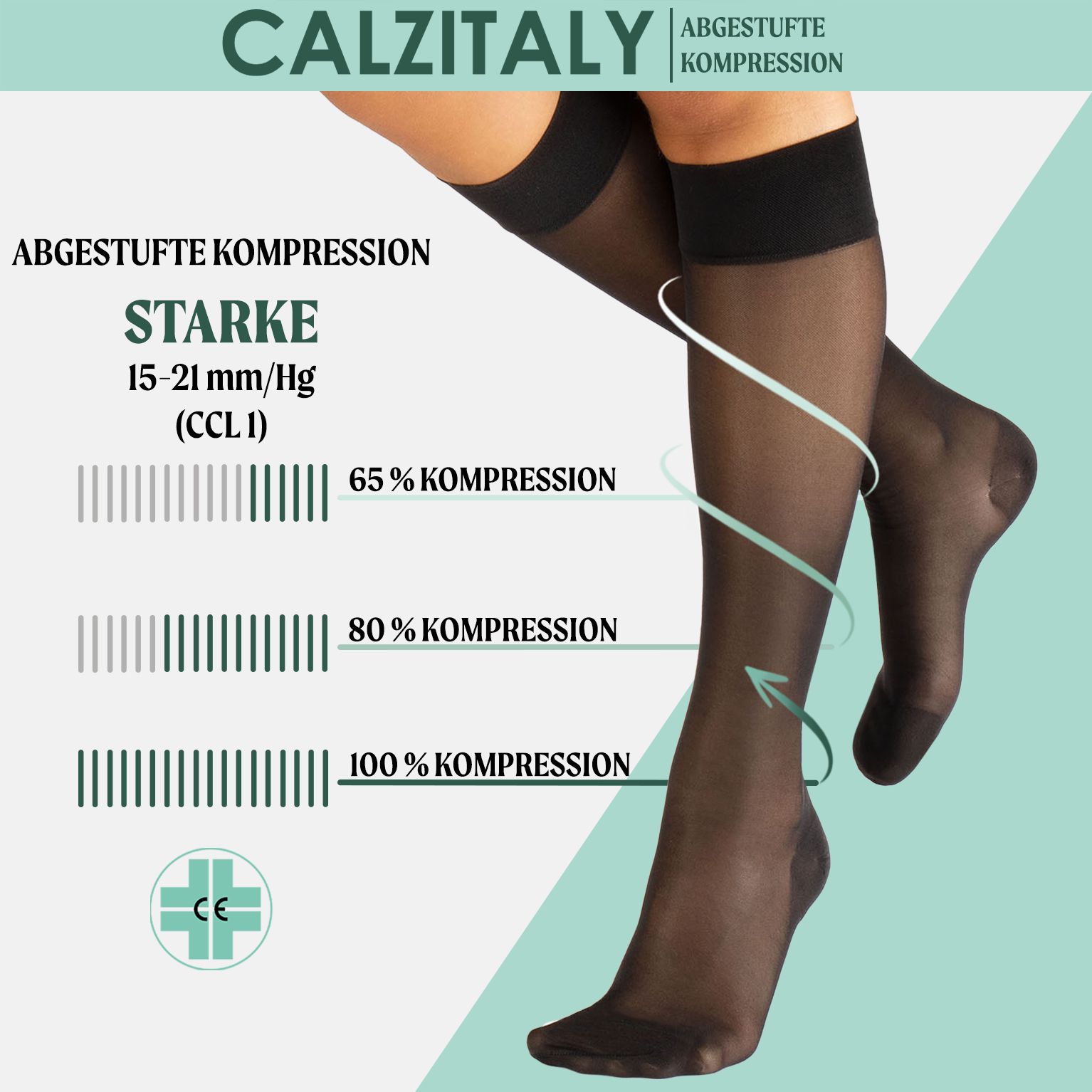 Calze al ginocchio a compressione CALZITALY. Forte compressione 15-21 mmHg. Nere.