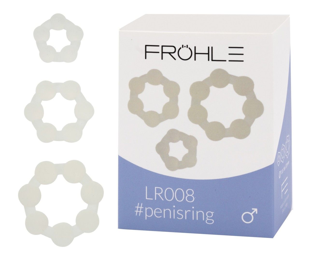 Tre anelli per pene bianchi e la confezione del set Fröhle LR008.