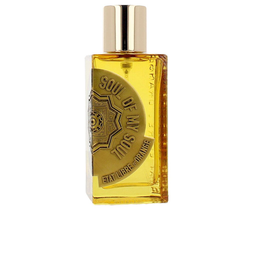 Flacone di profumo con tappo ed etichetta dorati. L'etichetta riporta le scritte "SOUL OF MY SOUL" e "ETAT LIBRE D'ORANGE".