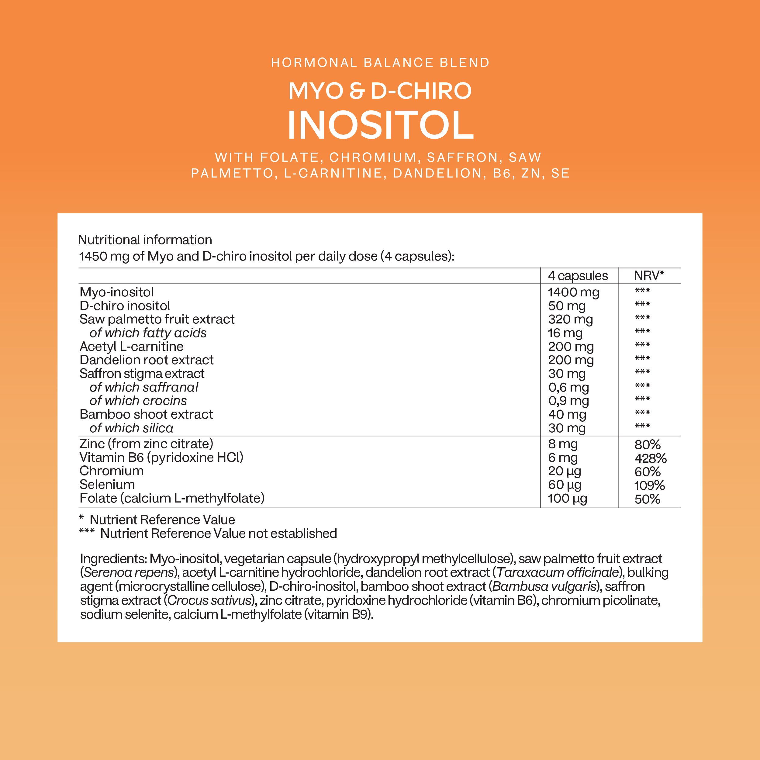 Informazioni nutrizionali su sfondo arancione. Contiene Myo-inositolo, D-chiro-inositolo e altri ingredienti.