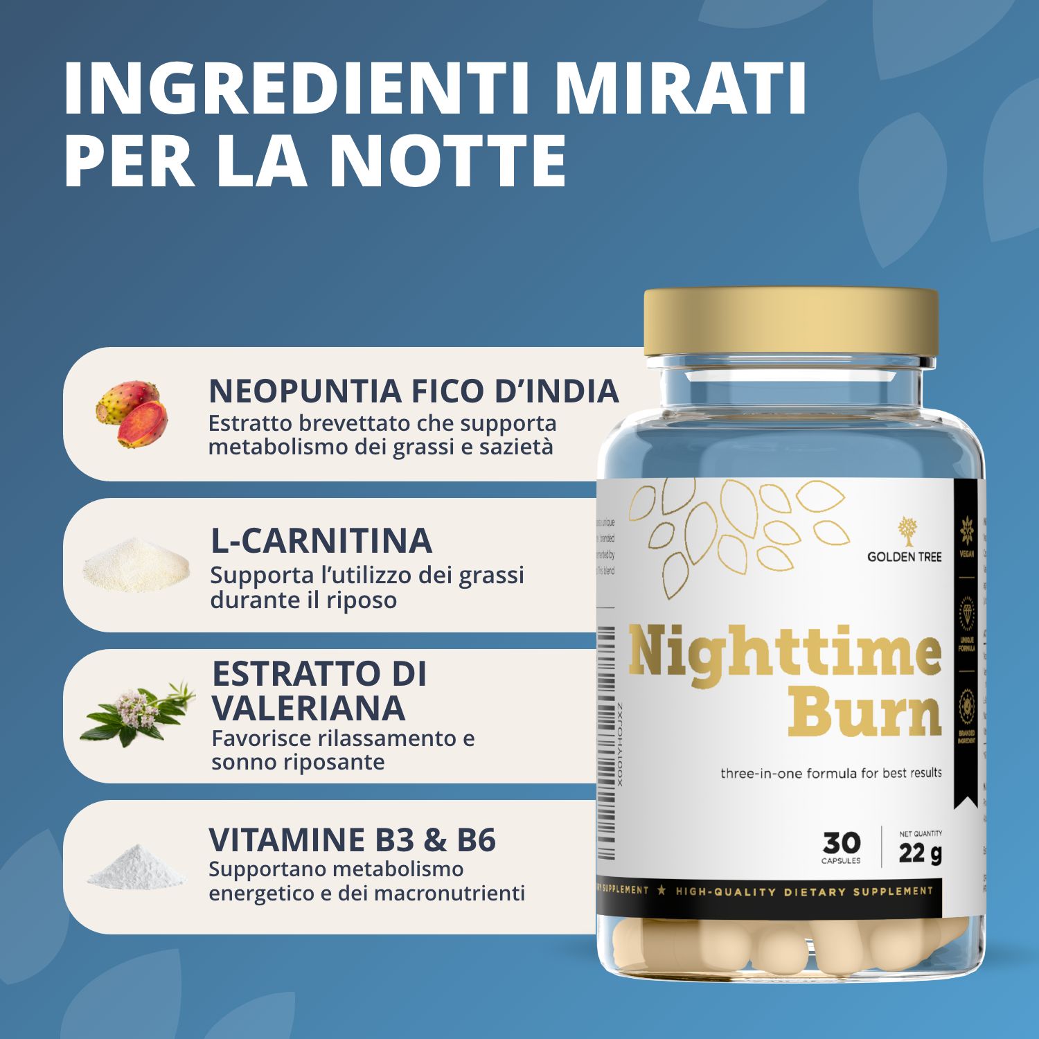 Flacone Golden Tree Nighttime Burn con elenco di ingredienti mirati per la notte.