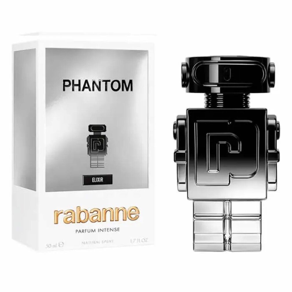 Flacone a forma di robot e confezione. Confezione con scritta Phantom e Rabanne. Flacone argento, nero e argento.