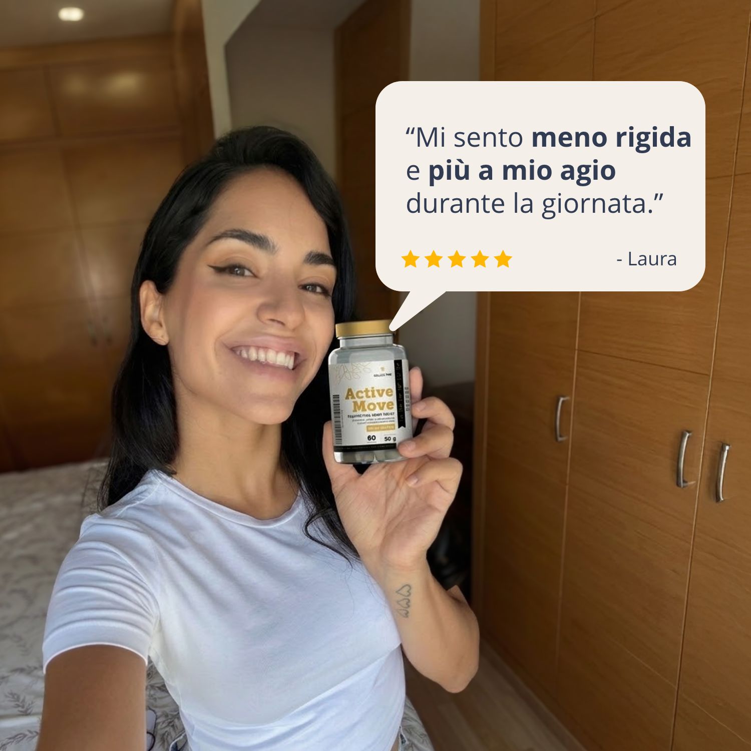 Grande capsula trasparente con riempimento in polvere. Testo: Supporta il comfort articolare e la mobilità. Favorisce la salute della cartilagine.