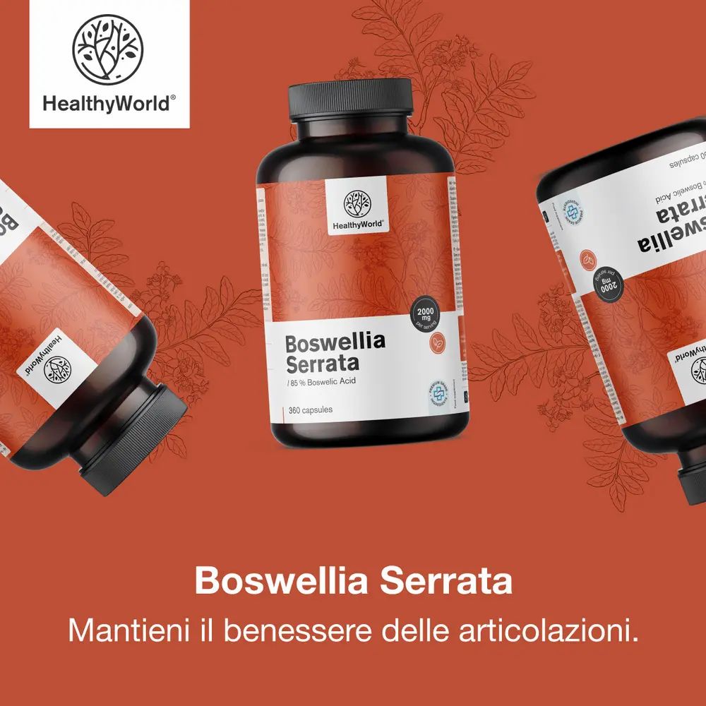 Bottiglia di Boswellia Serrata, 85% di acido boswellico, accanto a una persona in posa yoga.