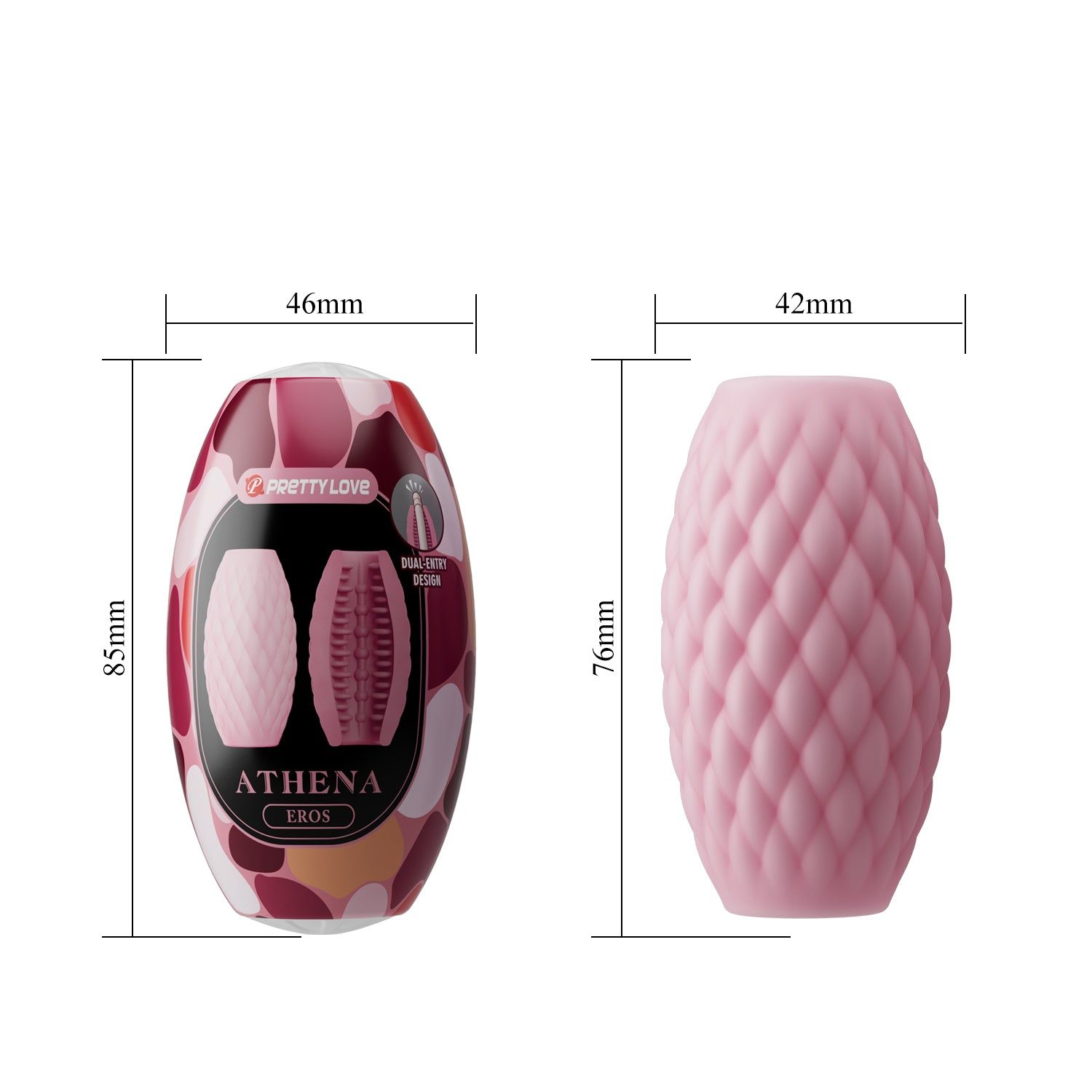 Confezione prodotto con misure. Prodotto: rosa, allungato, a rombi. Testo: ATHENA EROS.