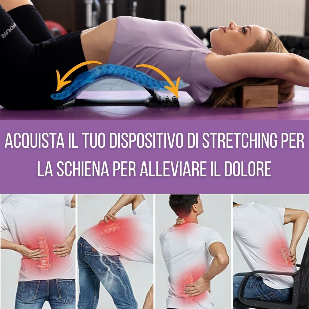 Collage con immagini del prodotto e istruzioni per l'uso. Dispositivo per stretching schiena con inserto blu e punti di digitopressione.
