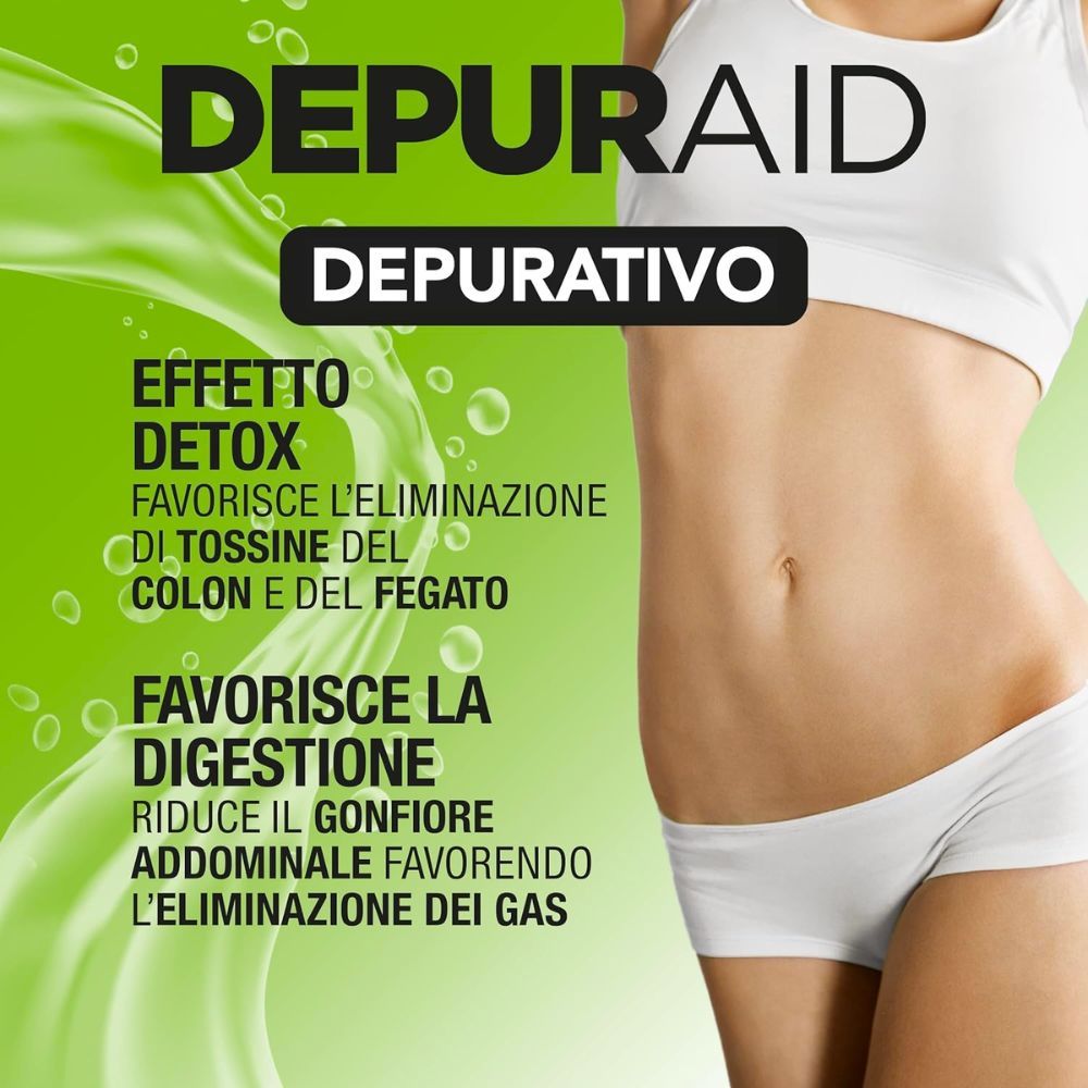 Torso femminile. Nome e descrizione del prodotto su sfondo verde. Effetto detox e favorisce la digestione.