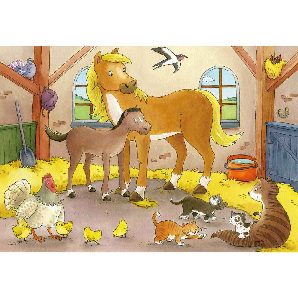 Puzzle con motivo animale. Rappresentazione di cavalli, polli, gatti e pulcini in una stalla. Sfondo: fieno e legno.